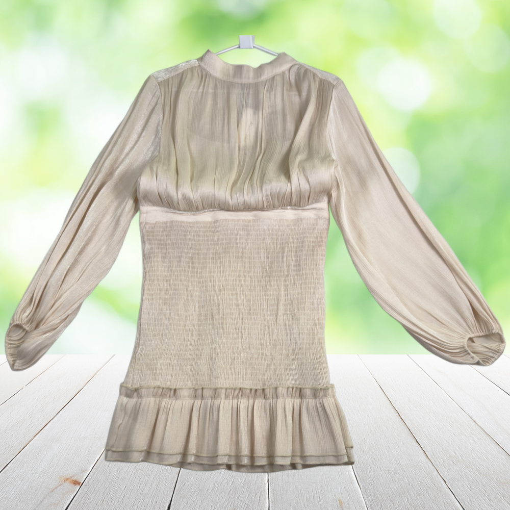 New LINE AND DOT Metallic Chiffon Mini Dress Smocked Bodycon Balloon Sleeve Size